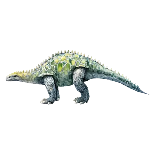Ankylosaurus standing in side profile showing its armored back, a low, watercolor painting, transparent background