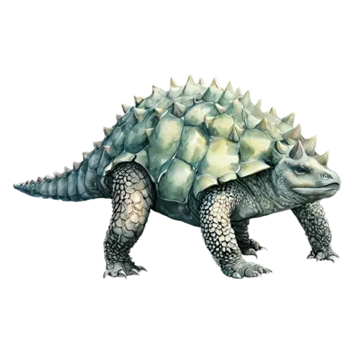 Ankylosaurus in a three-quarter view showing the bony plates, a low, watercolor painting, transparent background