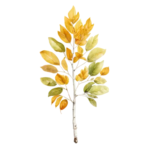 Aspen Tree with a light airy canopy of round gold leaves, a tall white-trunked aspen with shimmering golden round leaves, watercolor painting, transparent background