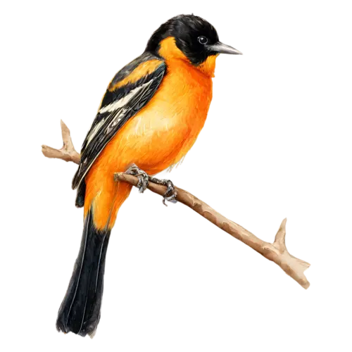Baltimore Oriole perched upright on a branch, vivid flame-orange and black plumage, watercolor painting, transparent background