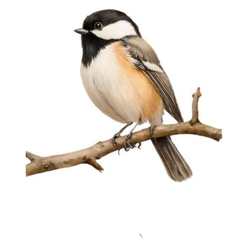 Black-capped Chickadee perched on a branch in side profile, a crisp black cap and bib, watercolor painting, transparent background