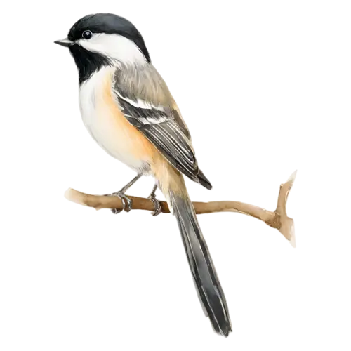 Black-capped Chickadee perched with head turned, a crisp black cap and bib, watercolor painting, transparent background