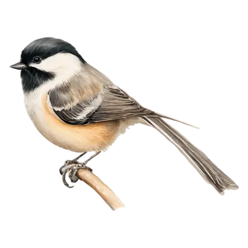 Black-capped Chickadee on a leafy twig, a crisp black cap and bib, watercolor painting, transparent background
