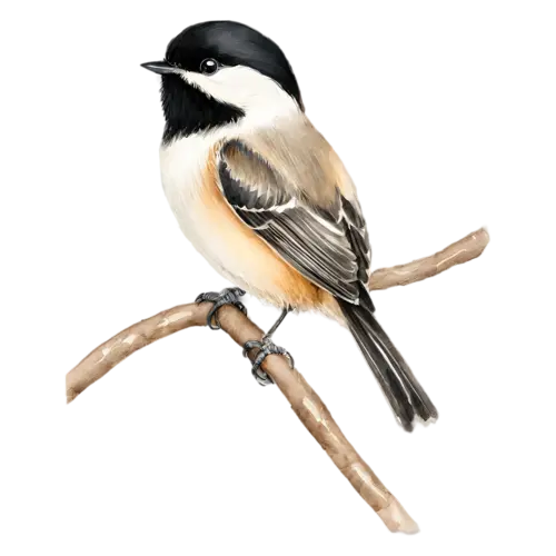 Black-capped Chickadee perched upright on a branch, a crisp black cap and bib, watercolor painting, transparent background