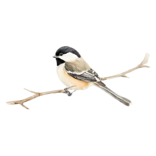 Black-capped Chickadee on a branch showing fine feather detail, a crisp black cap and bib, watercolor painting, transparent background