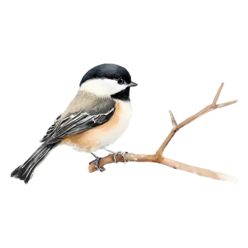 Black-capped Chickadee on a budding branch in three-quarter view, a crisp black cap and bib, watercolor painting, transparent background