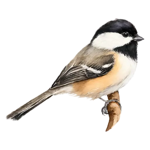 Black-capped Chickadee perched calmly on a branch, a crisp black cap and bib, watercolor painting, transparent background