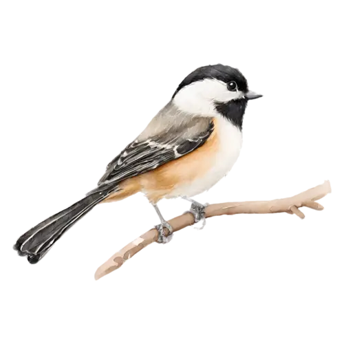 Black-capped Chickadee on a branch painted in soft watercolor washes, a crisp black cap and bib, watercolor painting, transparent background