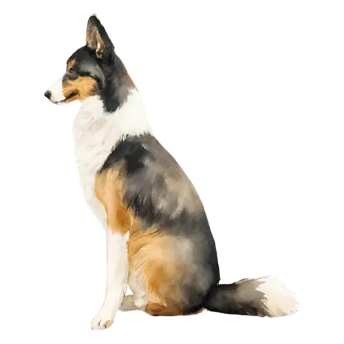 Border Collie sitting in side profile, sleek black-and-white markings, watercolor painting, transparent background
