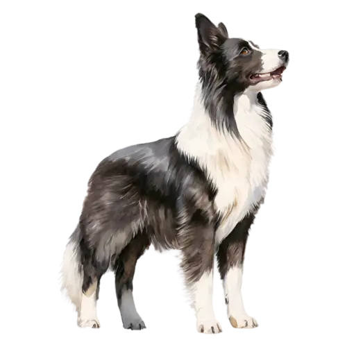 Border Collie standing alert in full body side view, sleek black-and-white markings, watercolor painting, transparent background