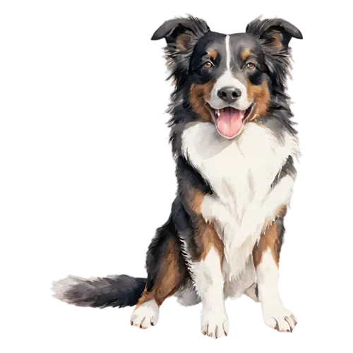 Border Collie running in full body view, sleek black-and-white markings, watercolor painting, transparent background
