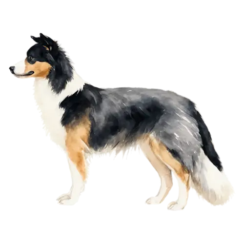 Border Collie sitting with head tilted, sleek black-and-white markings, watercolor painting, transparent background