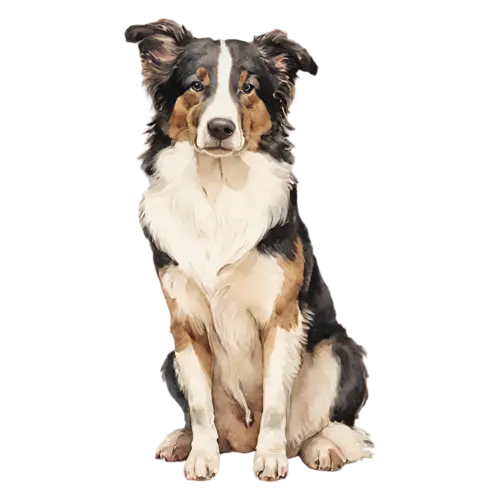 Border Collie standing in three-quarter view, sleek black-and-white markings, watercolor painting, transparent background