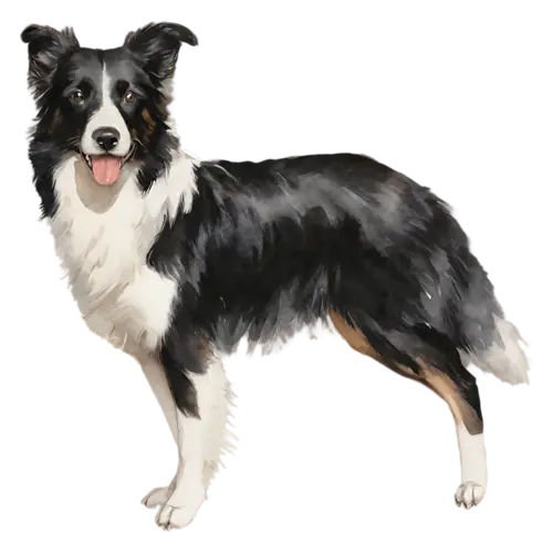 Border Collie sitting with an open-mouth smile, sleek black-and-white markings, watercolor painting, transparent background