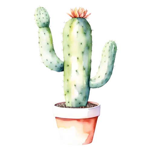 Cactus tall saguaro cactus with two raised arms in a pot, potted cacti and desert succulents — barrel, watercolor painting, transparent background