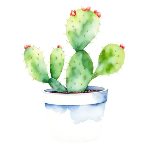 Cactus prickly pear cactus with flat oval pads in a pot, potted cacti and desert succulents — barrel, watercolor painting, transparent background
