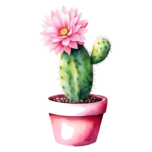 Cactus small potted cactus with a single pink flower on top, potted cacti and desert succulents — barrel, watercolor painting, transparent background
