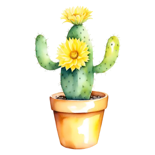 Cactus fuzzy rounded cactus in a terracotta pot, potted cacti and desert succulents — barrel, watercolor painting, transparent background