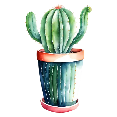 Cactus paddle cactus with soft sage-green pads, potted cacti and desert succulents — barrel, watercolor painting, transparent background