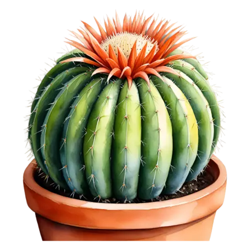 Cactus small cactus with a bright yellow bloom, potted cacti and desert succulents — barrel, watercolor painting, transparent background