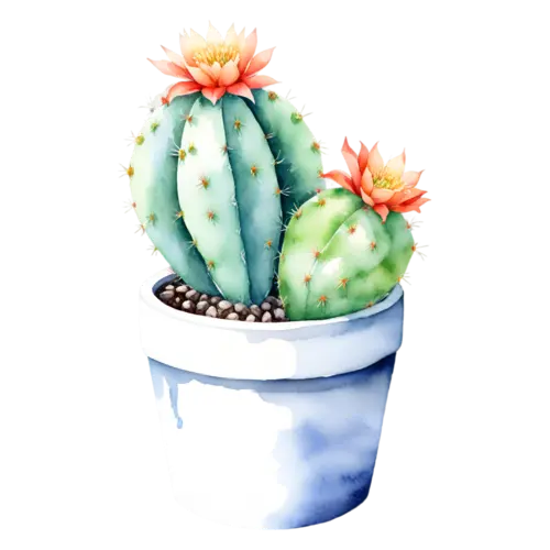 Cactus potted cactus with curving ribbed stems, potted cacti and desert succulents — barrel, watercolor painting, transparent background