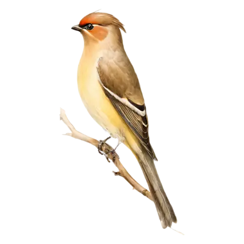 Cedar Waxwing perched on a branch in side profile, silky fawn-brown plumage, watercolor painting, transparent background