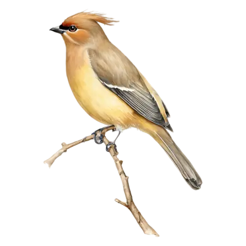 Cedar Waxwing on a slender branch looking forward, silky fawn-brown plumage, watercolor painting, transparent background