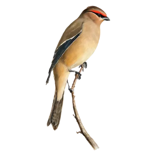 Cedar Waxwing perched upright on a branch, silky fawn-brown plumage, watercolor painting, transparent background