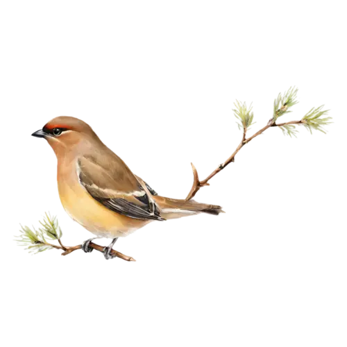 Cedar Waxwing on a branch showing fine feather detail, silky fawn-brown plumage, watercolor painting, transparent background