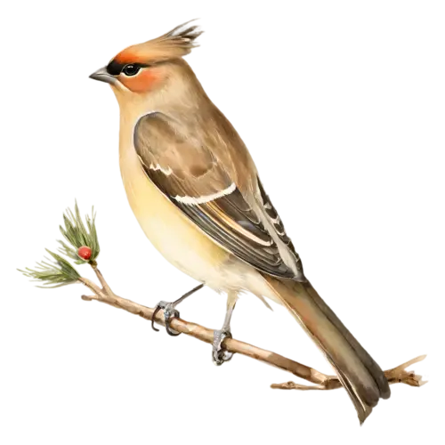 Cedar Waxwing alert on a thin branch, silky fawn-brown plumage, watercolor painting, transparent background