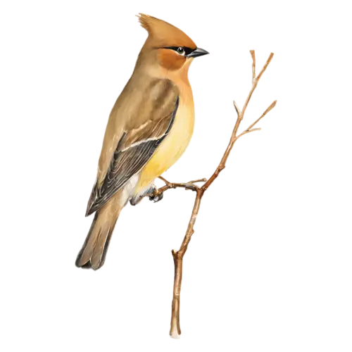 Cedar Waxwing on a budding branch in three-quarter view, silky fawn-brown plumage, watercolor painting, transparent background