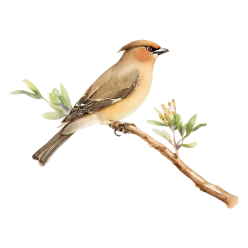 Cedar Waxwing perched calmly on a branch, silky fawn-brown plumage, watercolor painting, transparent background
