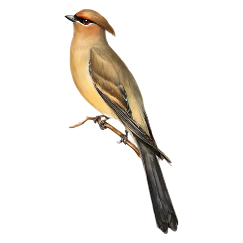 Cedar Waxwing on a branch painted in soft watercolor washes, silky fawn-brown plumage, watercolor painting, transparent background