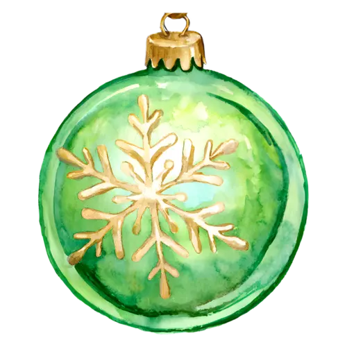 Christmas Ornament green glass bauble with a gold snowflake pattern, glass and ceramic holiday baubles, watercolor painting, transparent background