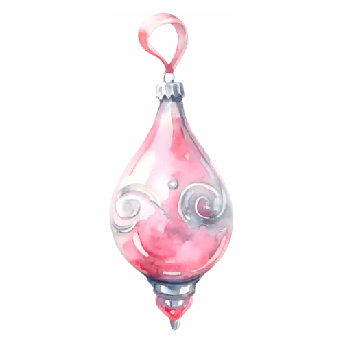 Christmas Ornament vintage teardrop shape in pink and silver, glass and ceramic holiday baubles, watercolor painting, transparent background