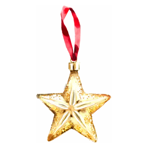 Christmas Ornament gold glitter star with a red ribbon, glass and ceramic holiday baubles, watercolor painting, transparent background