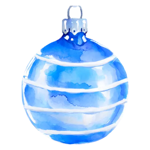 Christmas Ornament blue glass ball with white painted stripes, glass and ceramic holiday baubles, watercolor painting, transparent background