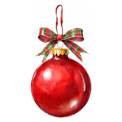 Christmas Ornament red ball with a plaid ribbon bow on top, glass and ceramic holiday baubles, watercolor painting, transparent background