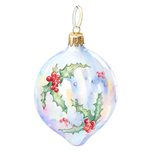 Christmas Ornament white onion-shaped ornament hand-painted with holly, glass and ceramic holiday baubles, watercolor painting, transparent background