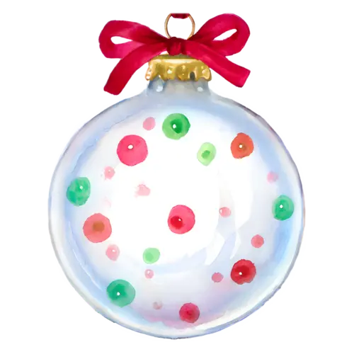 Christmas Ornament white glass ball with red and green dots and a red velvet bow, glass and ceramic holiday baubles, watercolor painting, transparent background