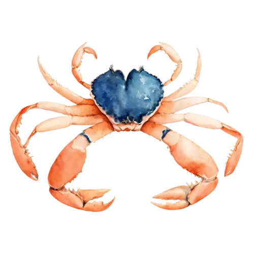 Crab front view with claws raised, a rounded shell, watercolor painting, transparent background