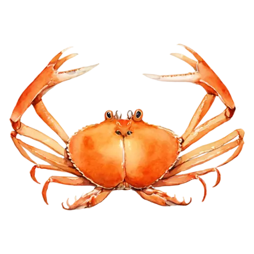 Crab in side profile, a rounded shell, watercolor painting, transparent background