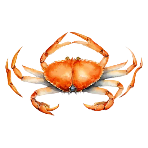 Crab with both claws spread wide, a rounded shell, watercolor painting, transparent background