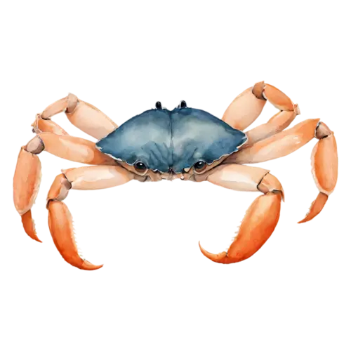 Crab in three-quarter view, a rounded shell, watercolor painting, transparent background