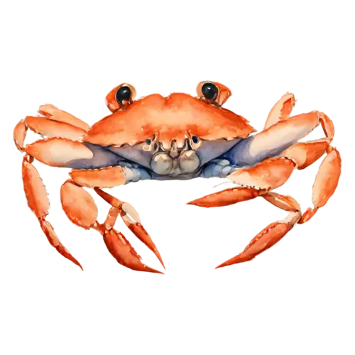 Crab walking to the side, a rounded shell, watercolor painting, transparent background