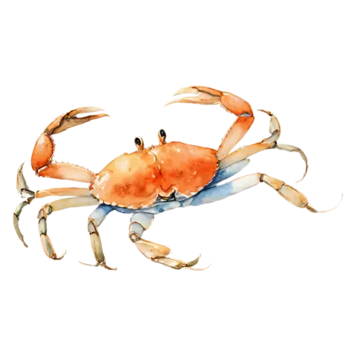 Crab in a compact rounded pose, a rounded shell, watercolor painting, transparent background