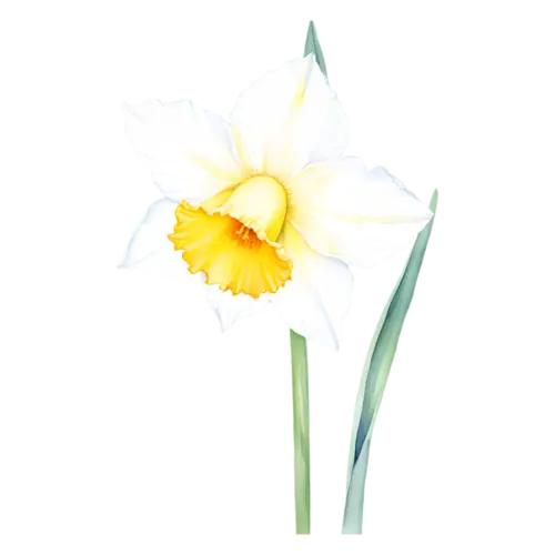 Daffodil single daffodil bud just beginning to open on a stem, trumpet-centered daffodils in bright yellow, watercolor painting, transparent background