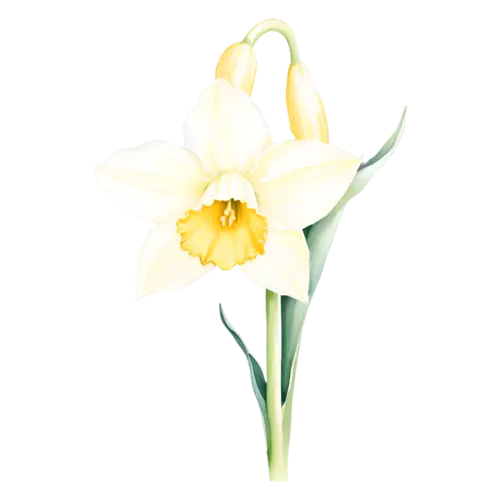 Daffodil white daffodil with a soft yellow cup, trumpet-centered daffodils in bright yellow, watercolor painting, transparent background