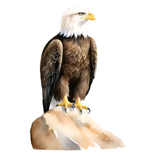 Eagle perched on a rock, all dark brown with a pale golden nape, powerful raptors with hooked beaks, watercolor painting, transparent background