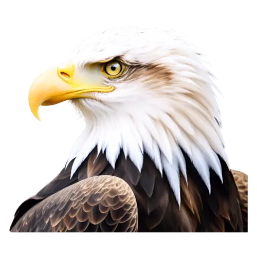 Eagle head and shoulders portrait, hooked yellow beak and a fierce eye, powerful raptors with hooked beaks, watercolor painting, transparent background